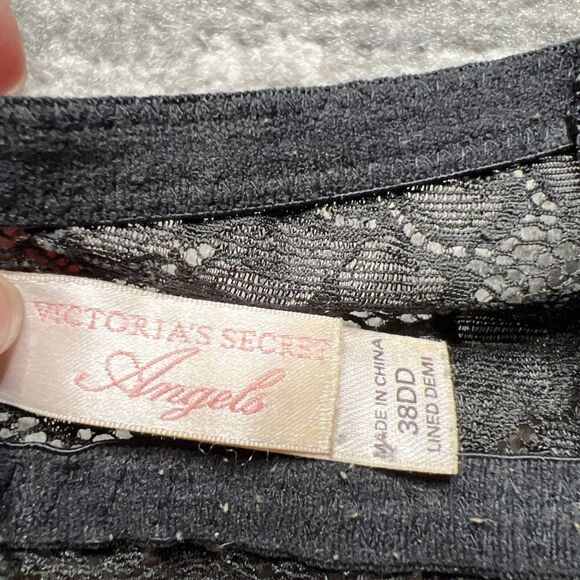 Victoria's Secret Black Lace ANGELS Lined Demi Bra Size 38DD Classic Sexy - Picture 3 of 6